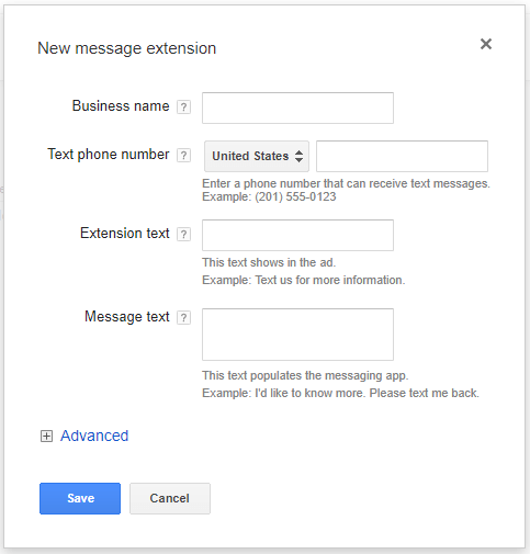 adwords message extensions text box